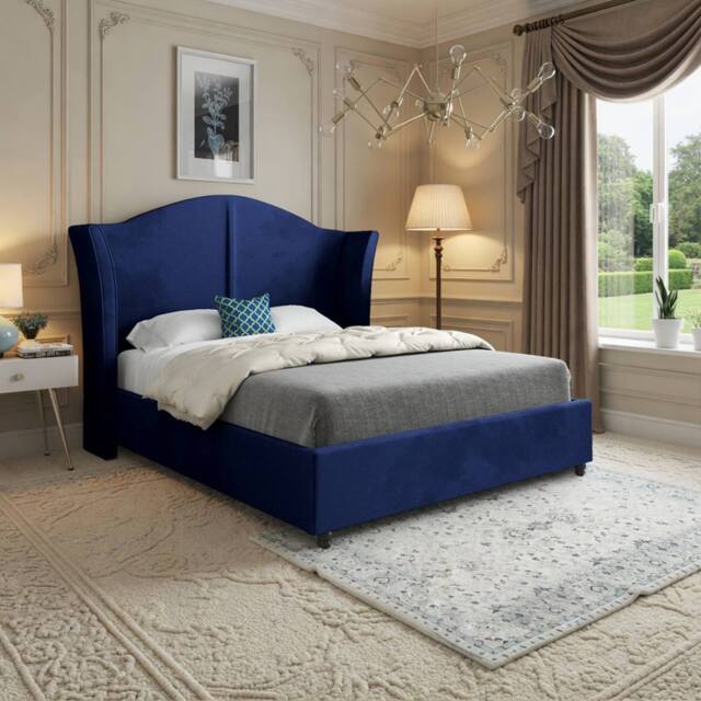 Casani Titchmarsh Curved Winged Blue Soft Velvet Designer Bed Frame - Size: Double - image 1
