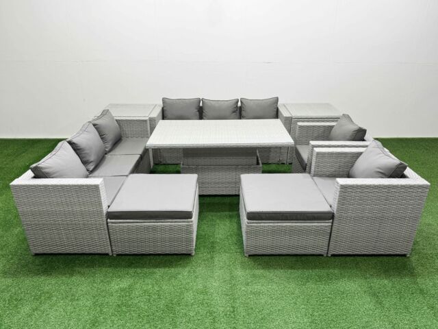 Fimous 9 PCs Rising Dining Table Set Rattan Furniture Set with 3 Seater Sofa in Light Grey - image 1
