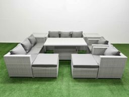 Fimous 9 PCs Rising Dining Table Set Rattan Furniture Set with 3 Seater Sofa in Light Grey - thumbnail 2