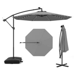 Costway 300cm Hanging Offset Umbrella Patio Cantilever Umbrella w/Lights in Grey - thumbnail 1