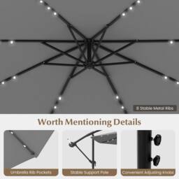 Costway 300cm Hanging Offset Umbrella Patio Cantilever Umbrella w/Lights in Grey - thumbnail 6