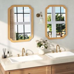 Gymax Rounded Corner Arch Wall Mirror 90x60 cm Farmhouse Decorative Mirror in Light Brown - thumbnail 3