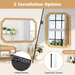 Gymax Rounded Corner Arch Wall Mirror 90x60 cm Farmhouse Decorative Mirror in Light Brown - thumbnail 9