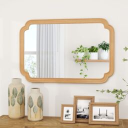 Gymax Rounded Corner Arch Wall Mirror 90x60 cm Farmhouse Decorative Mirror in Light Brown - thumbnail 5