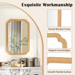 Gymax Rounded Corner Arch Wall Mirror 90x60 cm Farmhouse Decorative Mirror in Light Brown - thumbnail 8