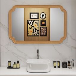 Gymax Rounded Corner Arch Wall Mirror 90x60 cm Farmhouse Decorative Mirror in Light Brown - thumbnail 4