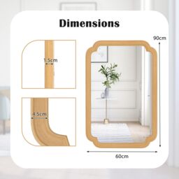 Gymax Rounded Corner Arch Wall Mirror 90x60 cm Farmhouse Decorative Mirror in Light Brown - thumbnail 2