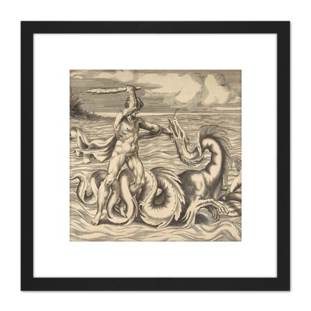 Artery8 Bonasone Hercules Fight Dragon Achelous Deianeira Engraving 8X8 Inch Square Wooden Framed Wall Art Print Picture with Mount in Black - image 1