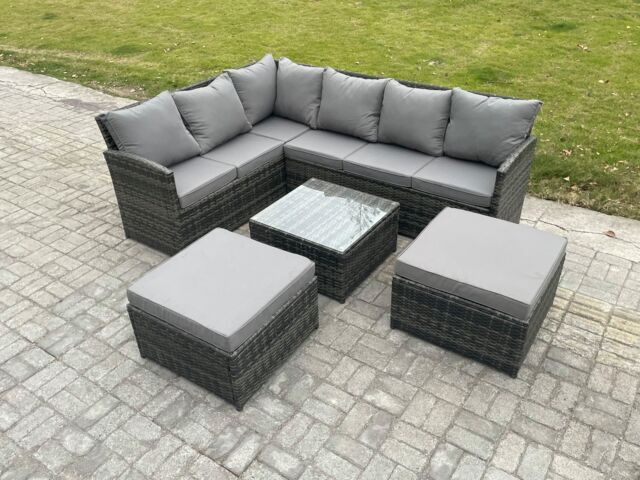 Fimous 8 Seater Outdoor Garden Furniture Set Wicker PE Rattan Corner Sofa Set with Square Coffee Table 2 Big Footstool Dark Grey Mixed - image 1