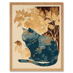 "Artery8 Wall Art Print Cat by Countryside Shrub Bush in Autumn Modern Linocut Art Framed in Light Oak - Size: W12"" x H16""" - thumbnail 1