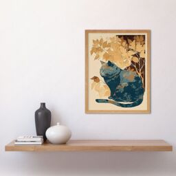 "Artery8 Wall Art Print Cat by Countryside Shrub Bush in Autumn Modern Linocut Art Framed in Light Oak - Size: W12"" x H16""" - thumbnail 2