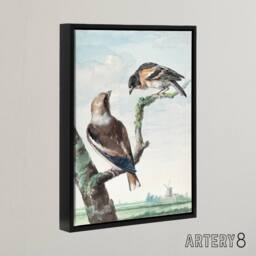 "Artery8 Two Hawfinch Birds in Rural Landscape Schouman Framed Canvas Wall Art in Blue - Size: W12"" x H16""" - thumbnail 2