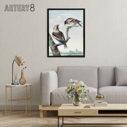 "Artery8 Two Hawfinch Birds in Rural Landscape Schouman Framed Canvas Wall Art in Blue - Size: W12"" x H16""" - thumbnail 3