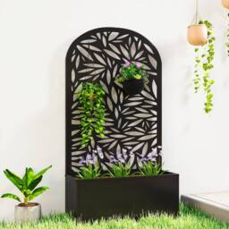 OUTSUNNY Metal Raised Garden Bed with Trellis, Outdoor Elevated Planter Box in Black