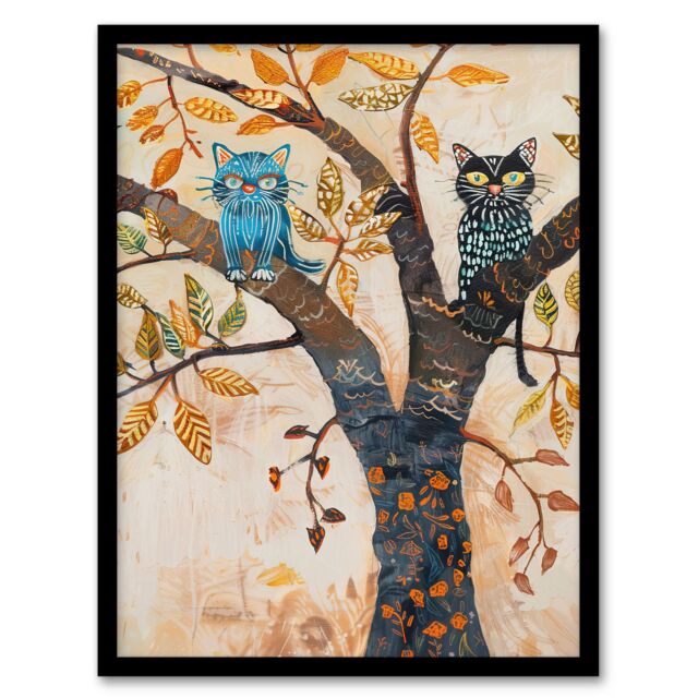 "Artery8 Two Kittens on an Autumn Tree Folk Art Cat Lover Framed Art Print in Beige - Size: W12"" x H16""" - image 1