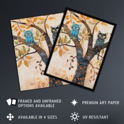 "Artery8 Two Kittens on an Autumn Tree Folk Art Cat Lover Framed Art Print in Beige - Size: W12"" x H16""" - thumbnail 2