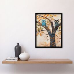 "Artery8 Two Kittens on an Autumn Tree Folk Art Cat Lover Framed Art Print in Beige - Size: W12"" x H16""" - thumbnail 4