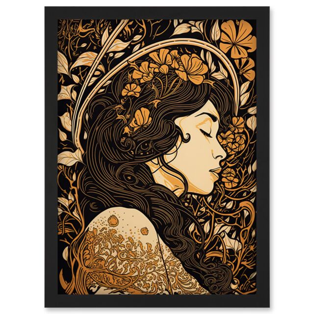 Artery8 Sleeping Beauty Modern Art Nouveau Illustration Artwork Framed Wall Art Print A4 in Black - image 1