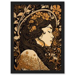 Artery8 Sleeping Beauty Modern Art Nouveau Illustration Artwork Framed Wall Art Print A4 in Black - thumbnail 1