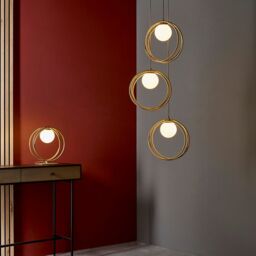 Loops Brushed Gold Table Lamp Light - Gloss Opal Glass Shade - Circular Hoop Design in Clear - thumbnail 4