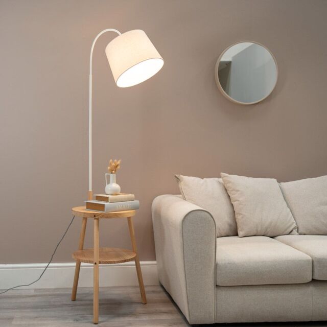 ValueLights Crowther Wooden Side Table Shelved Tripod Floor Lamp with Fabric Shade & Bulb in Natural - image 1