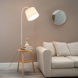 ValueLights Crowther Wooden Side Table Shelved Tripod Floor Lamp with Fabric Shade & Bulb in Natural