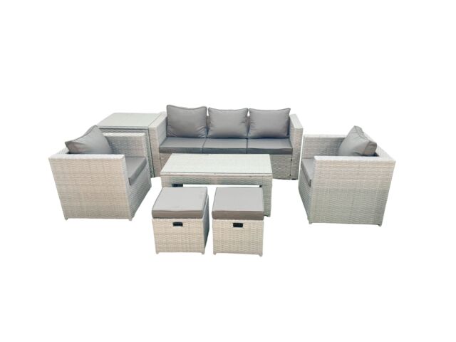 Fimous Rattan Garden Furniture Set 7 Seater Outdoor Garden Sofa Oblong Coffee Table Set with 2 Chairs 2 Stools Side Table Light Grey Mixed - image 1