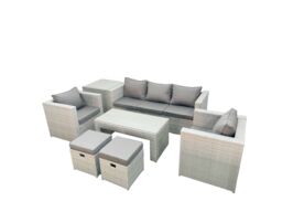 Fimous Rattan Garden Furniture Set 7 Seater Outdoor Garden Sofa Oblong Coffee Table Set with 2 Chairs 2 Stools Side Table Light Grey Mixed - thumbnail 2