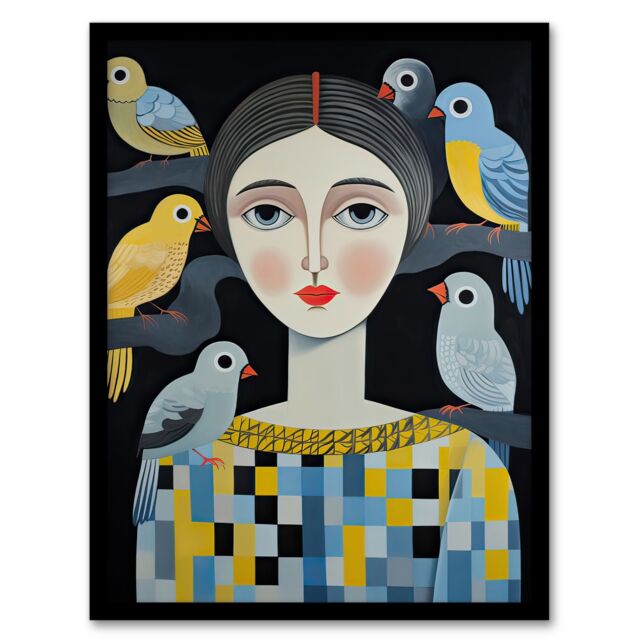 Artery8 Wall Art Print The Bird Lady Surreal Oil Painting Blue Yellow Grey Dryad Portrait Artwork Framed - Size: A4 - image 1