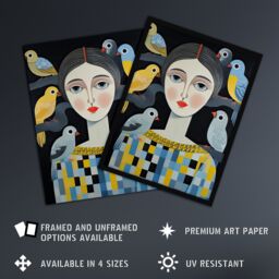 Artery8 Wall Art Print The Bird Lady Surreal Oil Painting Blue Yellow Grey Dryad Portrait Artwork Framed - Size: A4 - thumbnail 2