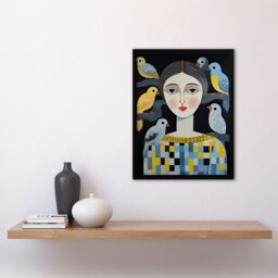 Artery8 Wall Art Print The Bird Lady Surreal Oil Painting Blue Yellow Grey Dryad Portrait Artwork Framed - Size: A4 - thumbnail 4