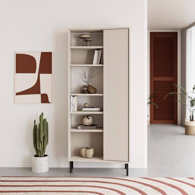 FWStyle Modern 5 Tier Curved Sandstone Bookshelf Storage Unit in Beige - image 1