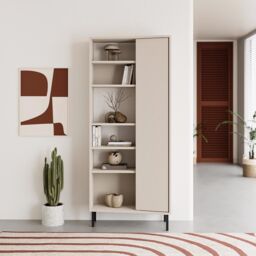 FWStyle Modern 5 Tier Curved Sandstone Bookshelf Storage Unit in Beige - thumbnail 1