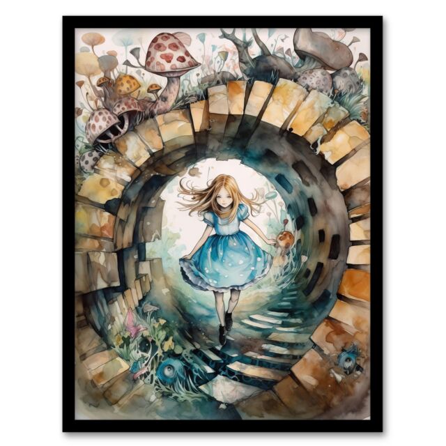Artery8 Wall Art Print Alice In Wonderland Watercolour Through The Looking Glass Whimsical Magical Adventure Painting Art Framed in Beige - Size: A4 - image 1