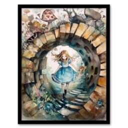 Artery8 Wall Art Print Alice In Wonderland Watercolour Through The Looking Glass Whimsical Magical Adventure Painting Art Framed in Beige - Size: A4 - thumbnail 1