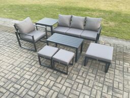 Fimous Aluminium 7 Pieces Garden Furniture Sofa Set with Cushions 7 Seater Outdoor Patio Set with Armchair 3 Footstools Side Table Dark Grey - thumbnail 1