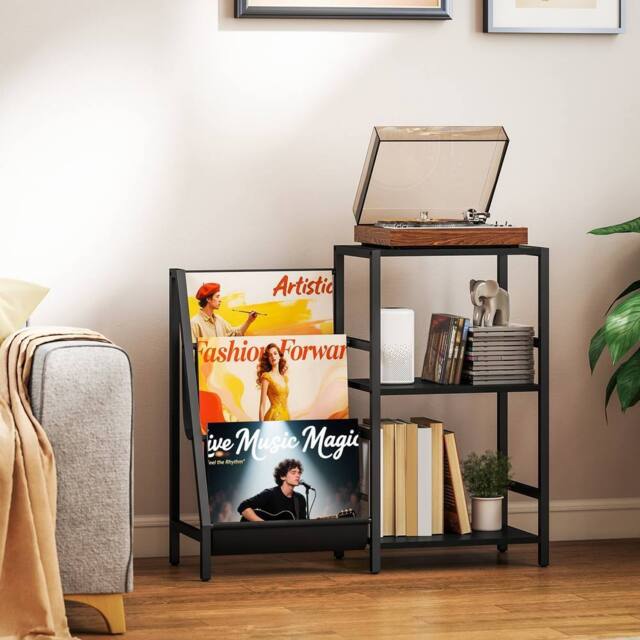 FORGEVIO Record Player Stand, 3-Tier Side Table with Vinyl Record Storage in Black - image 1