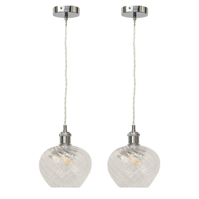 First Choice Lighting Set of 2 Bradson - Clear Swirl Glass Chrome Retro Pendant Fittings - image 1