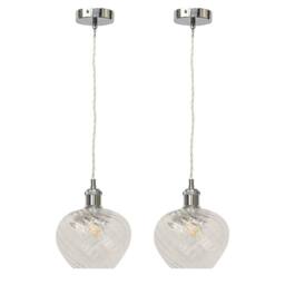 First Choice Lighting Set of 2 Bradson - Clear Swirl Glass Chrome Retro Pendant Fittings - thumbnail 1