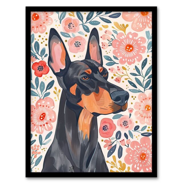 "Artery8 Dog Lover Doberman Portrait Pink Floral Folk Art Framed Wall Art - Size: W12"" x H16""" - image 1