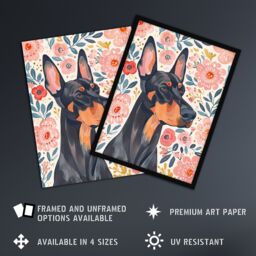 "Artery8 Dog Lover Doberman Portrait Pink Floral Folk Art Framed Wall Art - Size: W12"" x H16""" - thumbnail 2