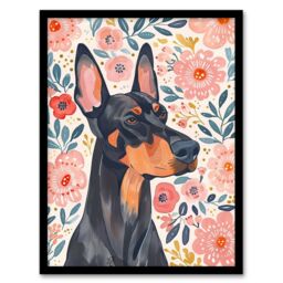 "Artery8 Dog Lover Doberman Portrait Pink Floral Folk Art Framed Wall Art - Size: W12"" x H16""" - thumbnail 1