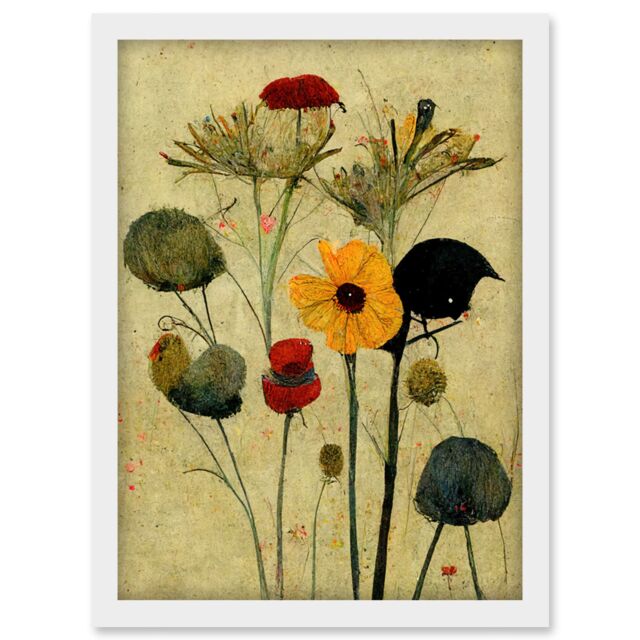 Artery8 Colourful Abstract Autumn Wildflowers Artwork Framed Wall Art Print A4 in White - image 1