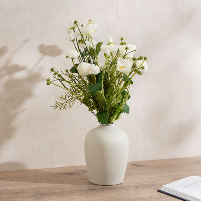 Scottish Everlastings Ltd 45cm White Poppy, Rose & Cosmo Bouquet in 18cm Off-White Vase - image 1