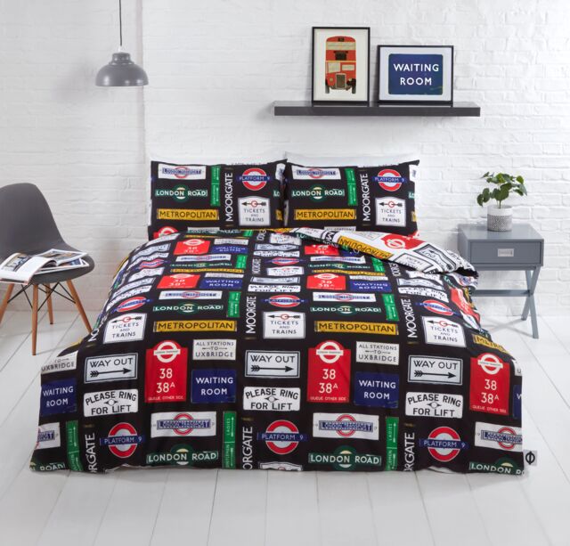 Rapport Home Transport For London Signs Polycotton Reversible Duvet Cover Set in Black - Size: Double - image 1