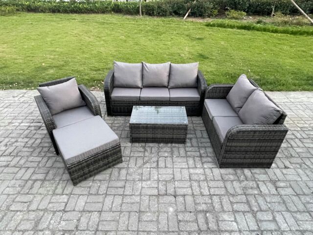 Fimous Patio Garden Furniture Sets Wicker 7 Seater Outdoor Rattan Furniture Sofa Sets with Rectangular Coffee Table Reclining Chair in Dark Grey - image 1