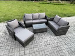 Fimous Patio Garden Furniture Sets Wicker 7 Seater Outdoor Rattan Furniture Sofa Sets with Rectangular Coffee Table Reclining Chair in Dark Grey - thumbnail 2