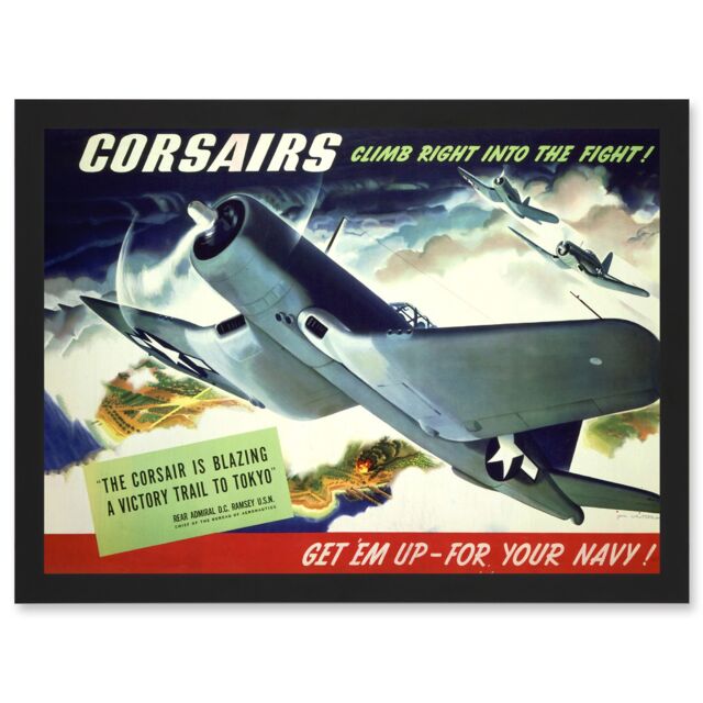 Artery8 WW2 World War Corsair USA Navy Plane A4 Artwork Framed Wall Art Print in Black - image 1