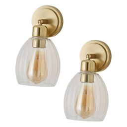 ValueLights Cheltenham Pair of Ribbed Glass Dome Spotlight Wall Lights with Bulbs in Gold