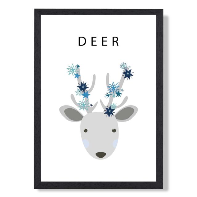 ARTZE Cute Deer with Blue Stars Framed Print SIZE: A2 with Black Frame in Pale Blue - Size: A3 - image 1